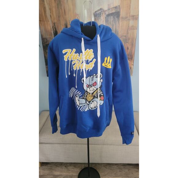 Bleeker & Mercer Blue Hustle Hard Teddy Bear Graphic Hoodie Men’s Size Medium - Picture 1 of 4